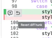 Code diff gutter showing the Revert diff hunk tooltip on a changed line